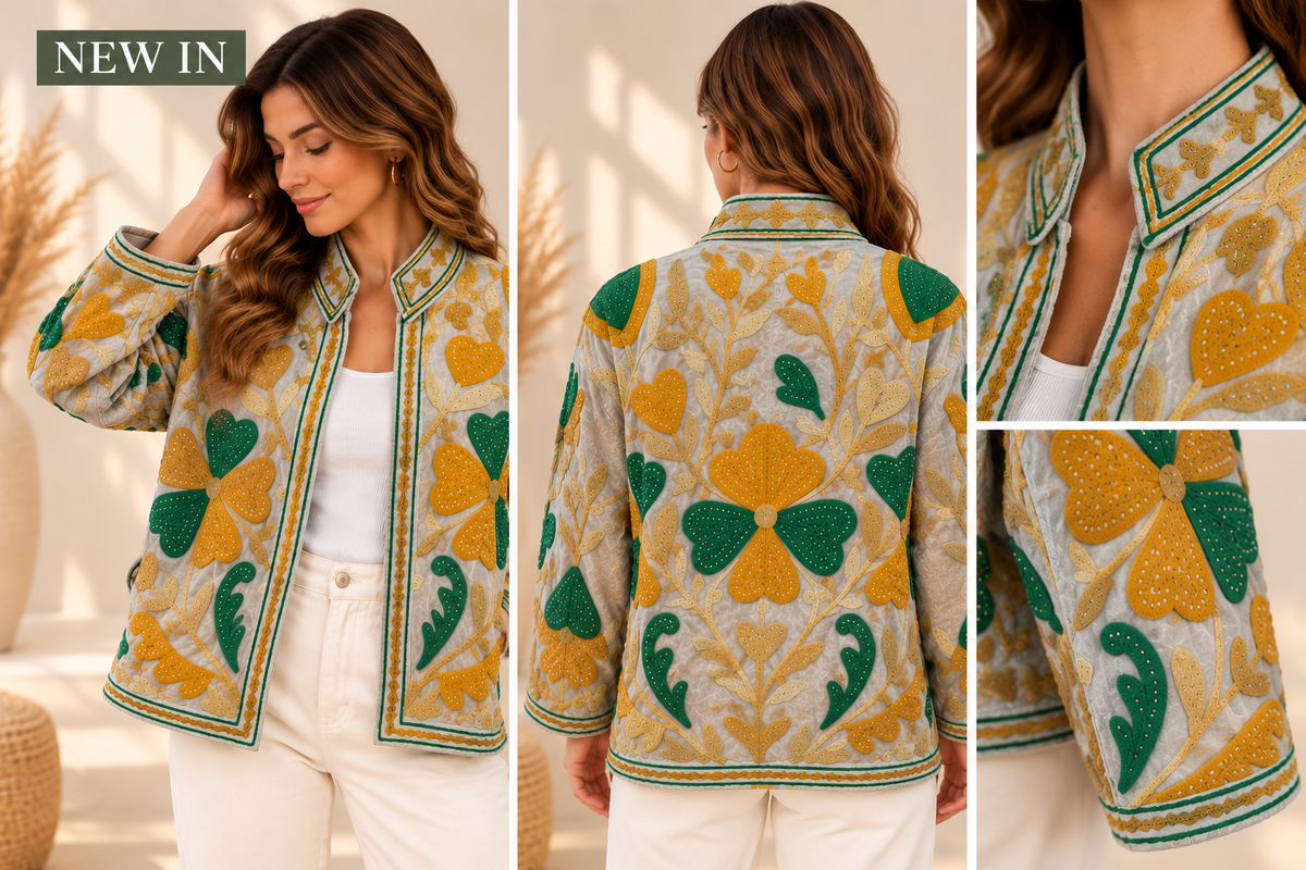 Casaco Cinza com Flores Bordadas em Verde-Esmeralda e Amarelo-Mostarda