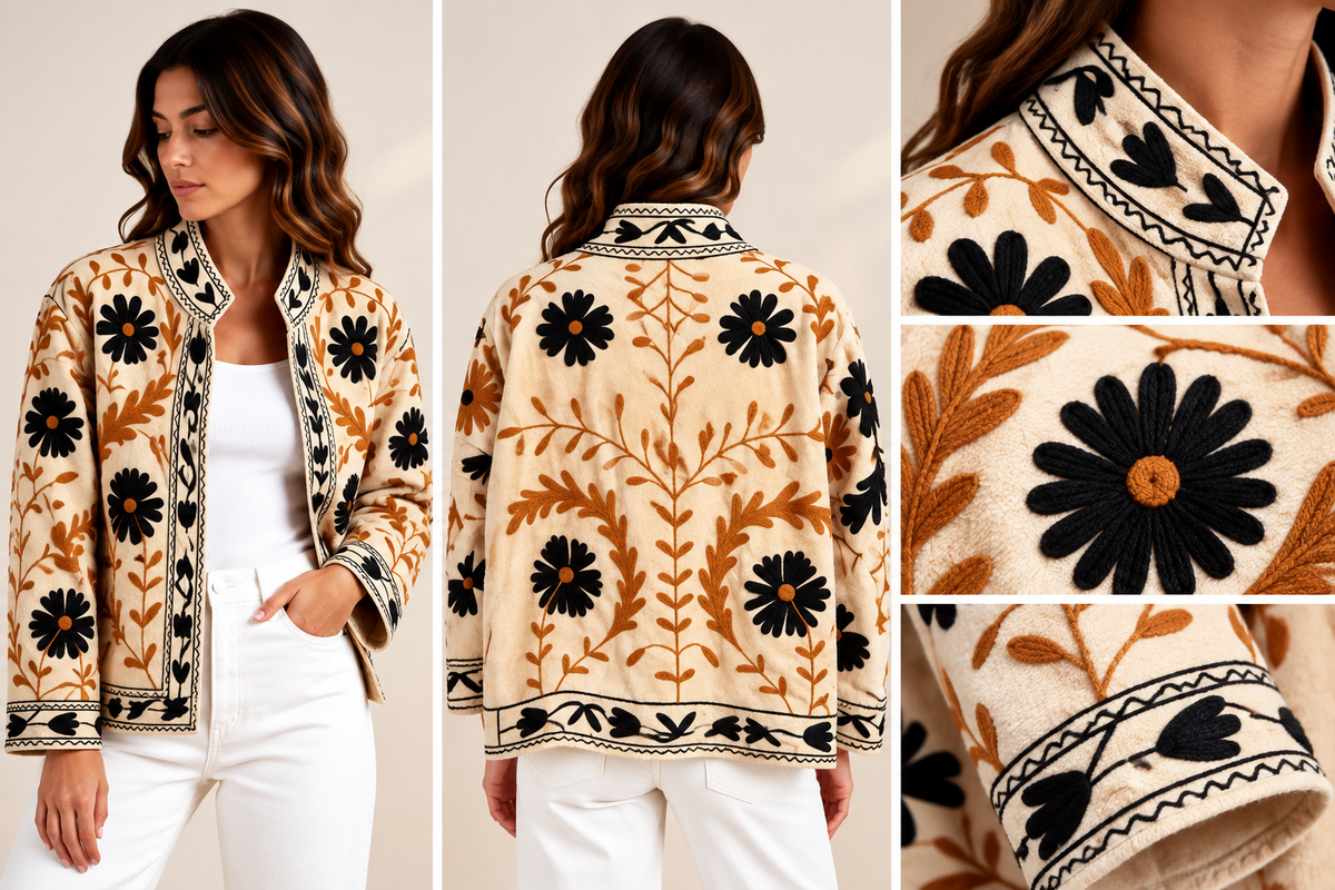 Casaco Creme com Flores Bordadas em Preto e Ramagens em Ocre