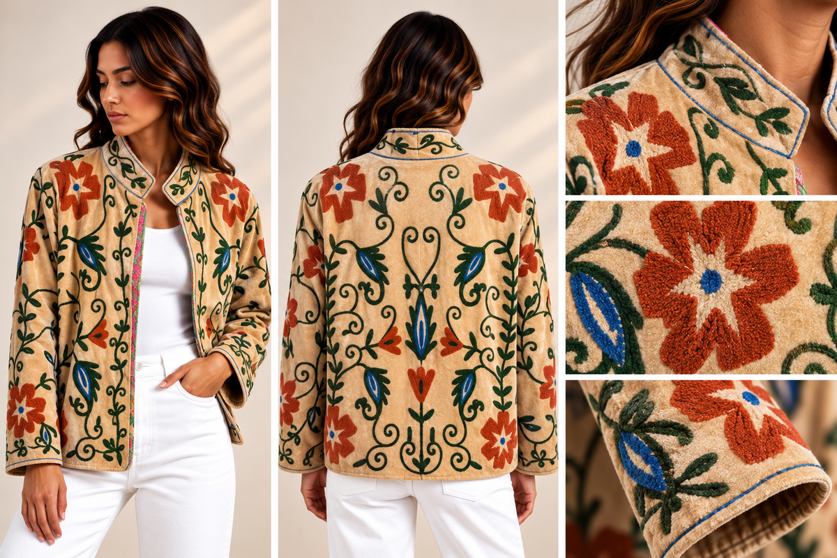 Casaco Creme com Flores Bordadas em Terracota e Azul-Cobalto