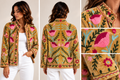 Casaco de Veludo Camel-Claro com Flores Bordadas em Rosa e Fúcsia