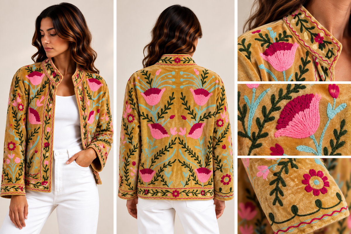 Casaco de Veludo Camel-Claro com Flores Bordadas em Rosa e Fúcsia