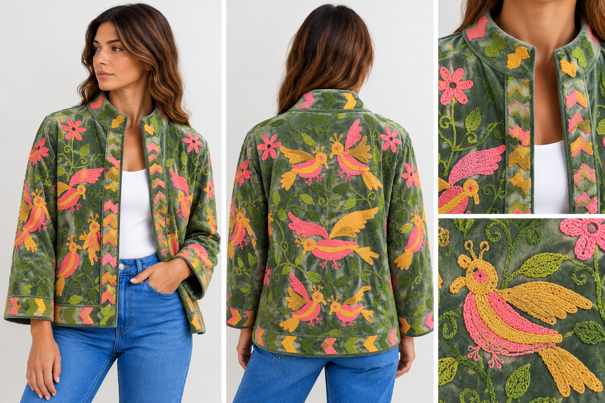 Casaco Verde em Veludo com Pássaros