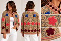 Casaco Creme com Flores Bordadas em Azul-Cobalto, Coral e Bordeaux