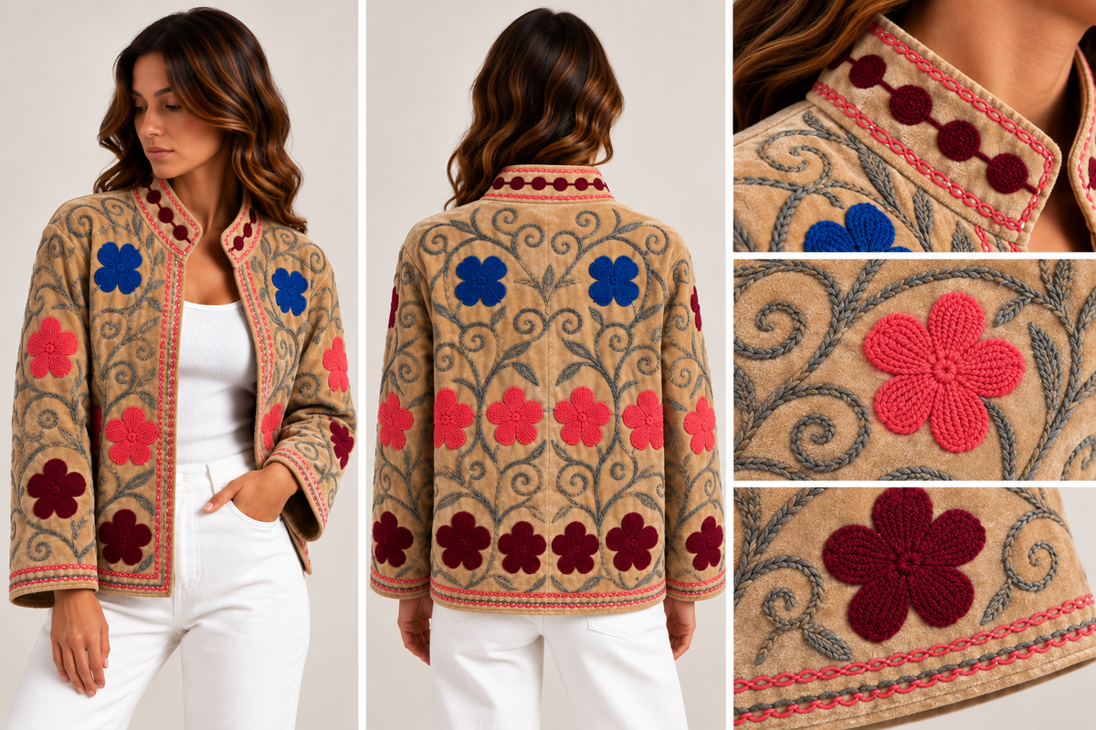 Casaco Creme com Flores Bordadas em Azul-Cobalto, Coral e Bordeaux