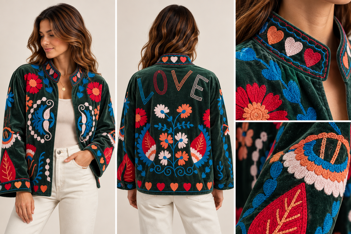Casaco de Veludo Verde Floresta com Bordados "LOVE" e Flores Coloridas