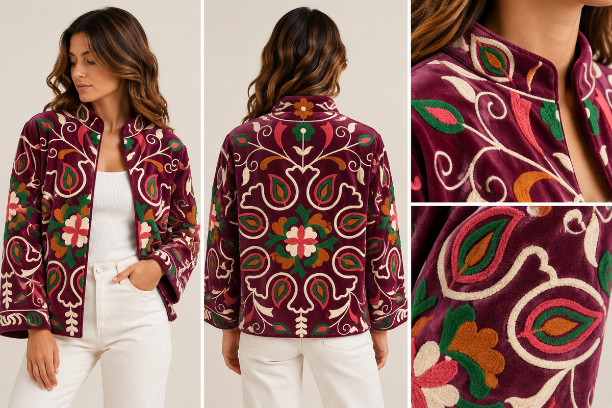 Casaco de Veludo Bordeaux com Bordados Suzani em Rosa, Verde-Esmeralda e Laranja