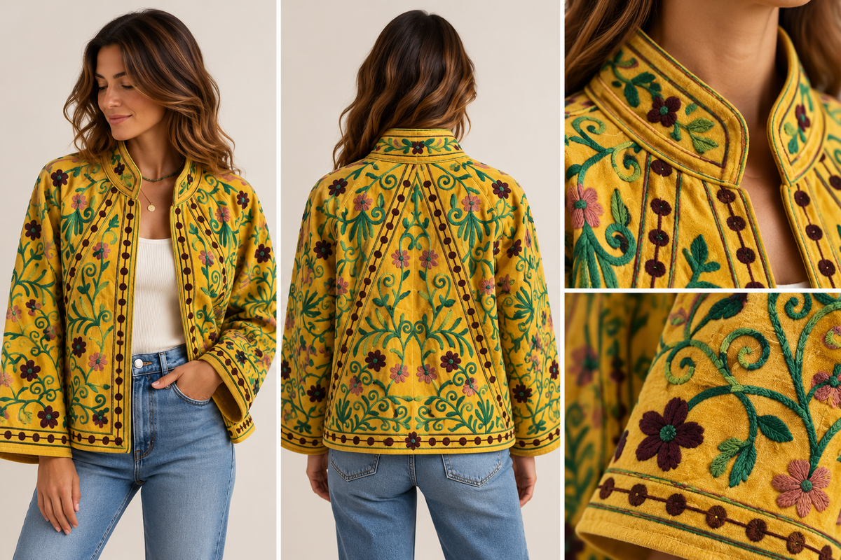 Casaco de Veludo Amarelo-Canário com Bordados Florais