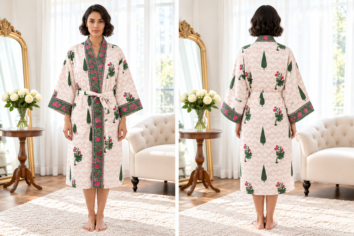 Robe Botânico em Creme, Verde & Rosa