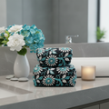 Bolsa maquilhagem azul escuro flores cenário spa