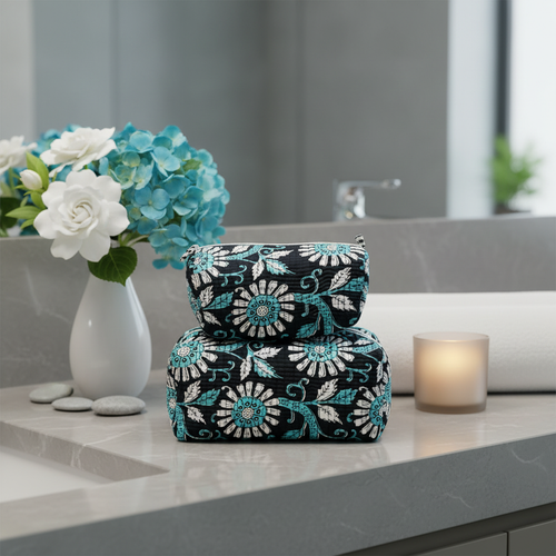 Bolsa maquilhagem azul escuro flores cenário spa