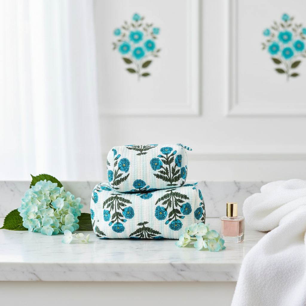 Bolsa maquilhagem branca flores azuis cenário
