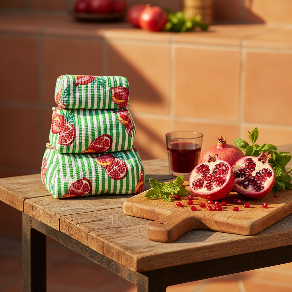 Bolsa maquilhagem romãs cenário mediterrâneo