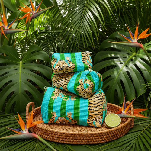 Bolsa maquilhagem tigres turquesa verde cenário tropical