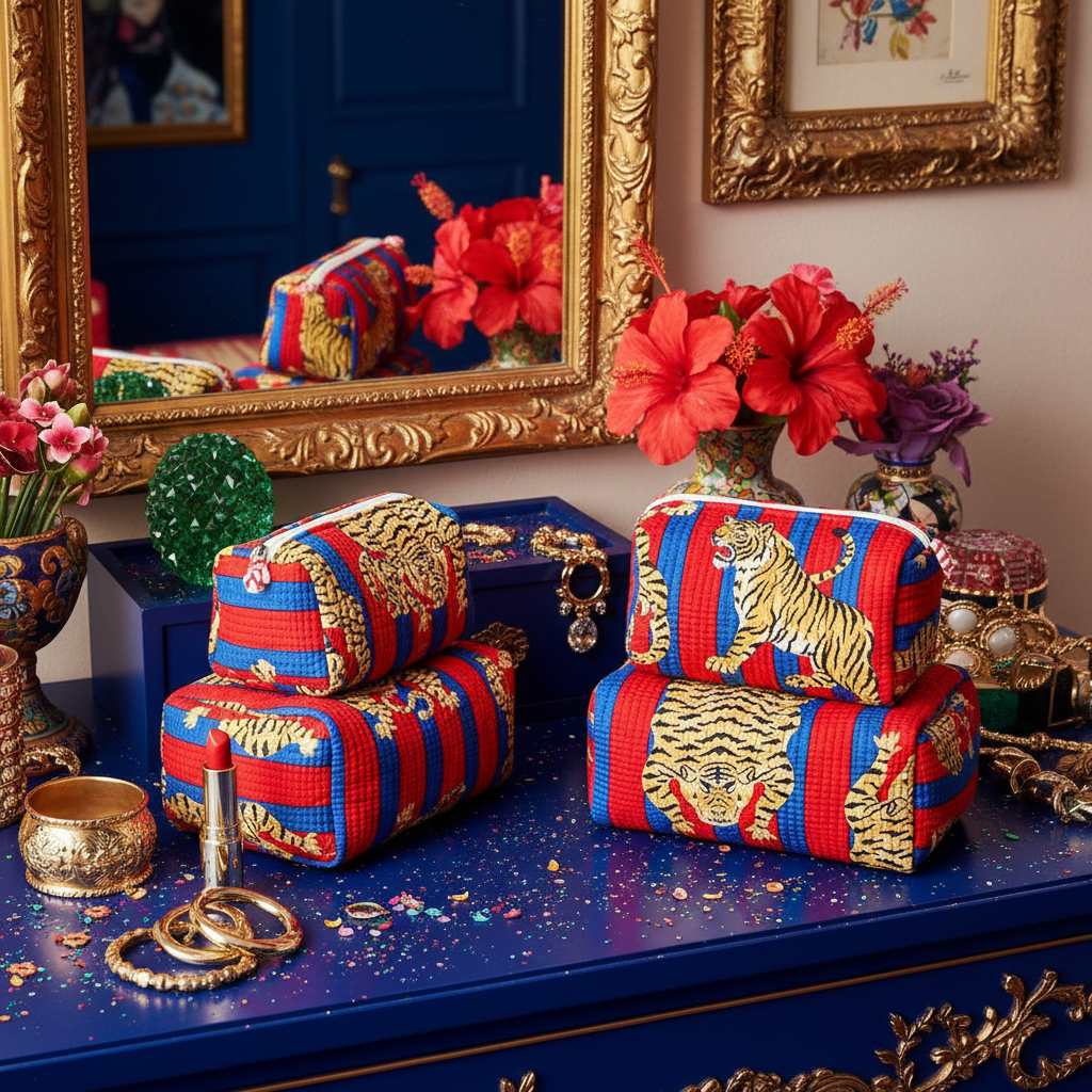 Bolsa maquilhagem tigres vermelho azul cenário