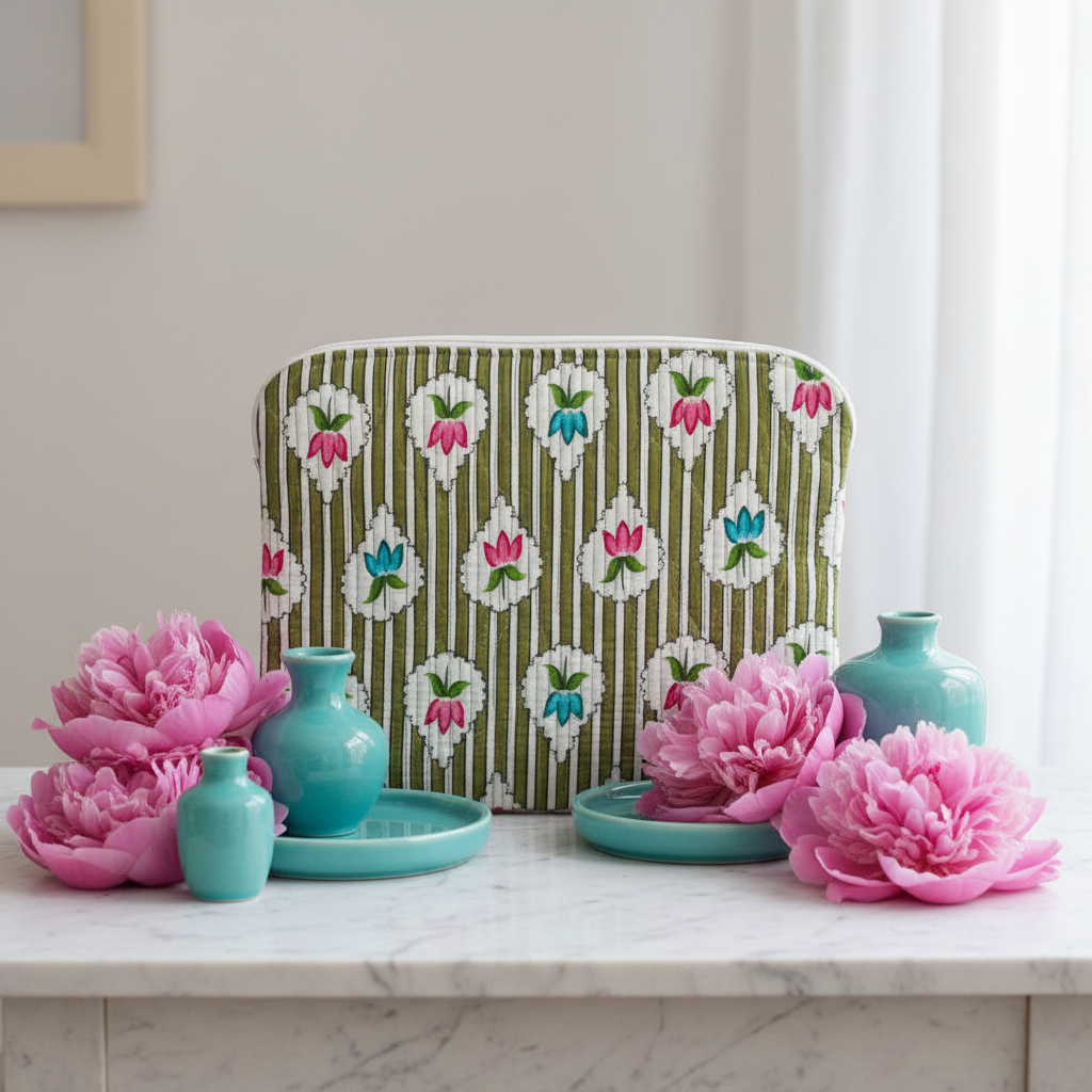 Capa iPad riscas verde flores turquesa rosa cenário
