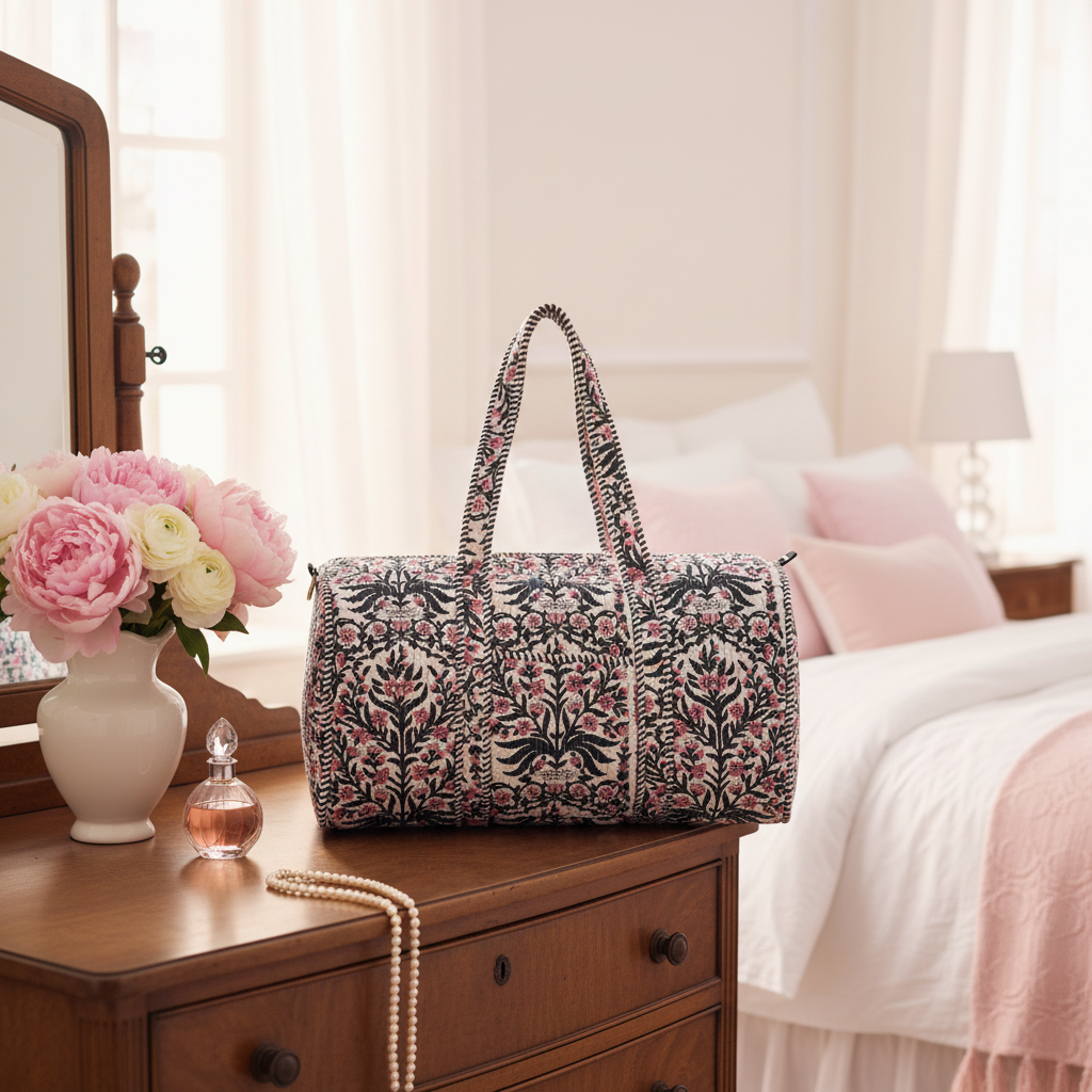 Duffle Bag flores rosa claro cenário boudoir parisiense