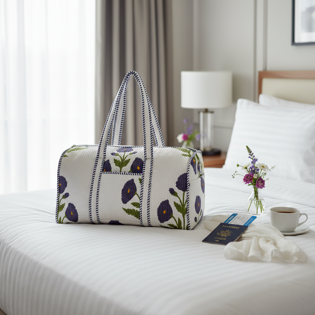 Duffle Bag papoilas roxas cenário quarto de hotel