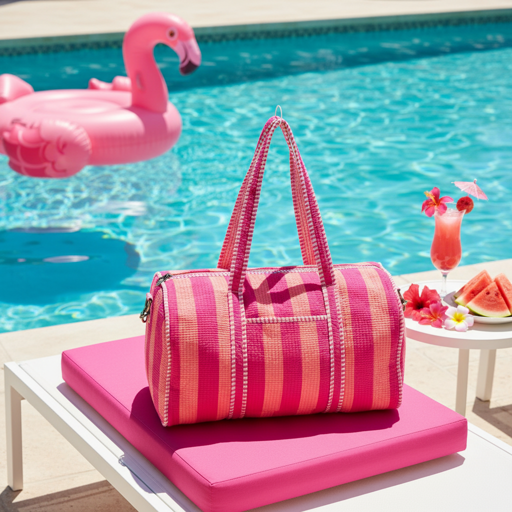 Duffle Bag riscas rosa coral cenário resort verão