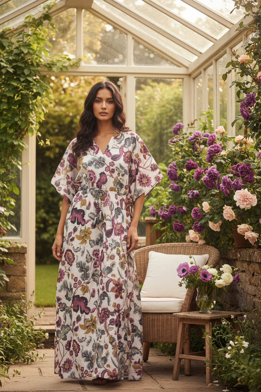 Kaftan branco flores modelo jardim inglês