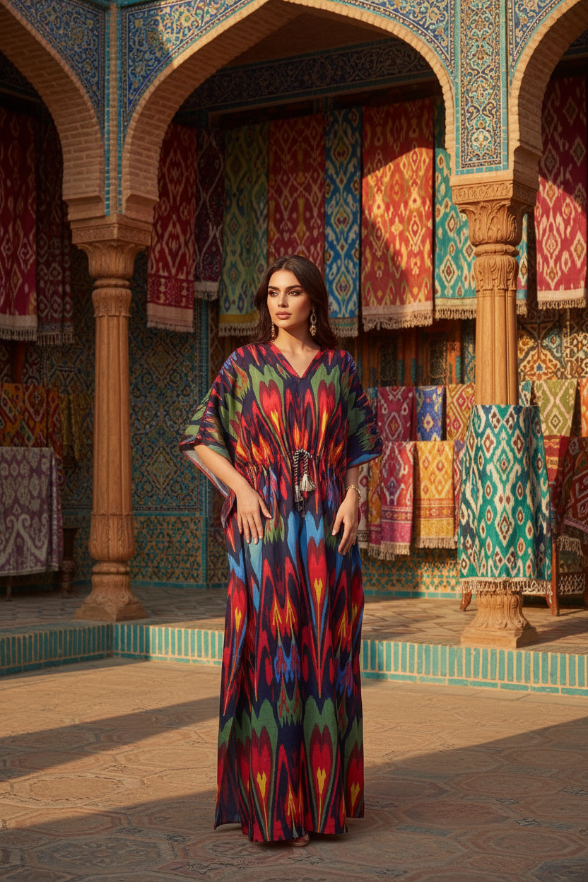 Kaftan ikat multicolor modelo pátio Rota da Seda
