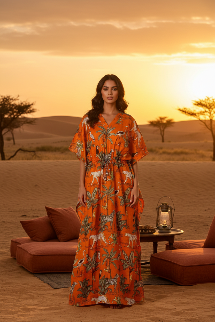 Kaftan laranja animais selva modelo savana pôr do sol