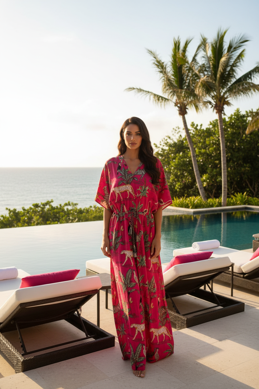 Kaftan rosa fúcsia animais selva cenário resort tropical