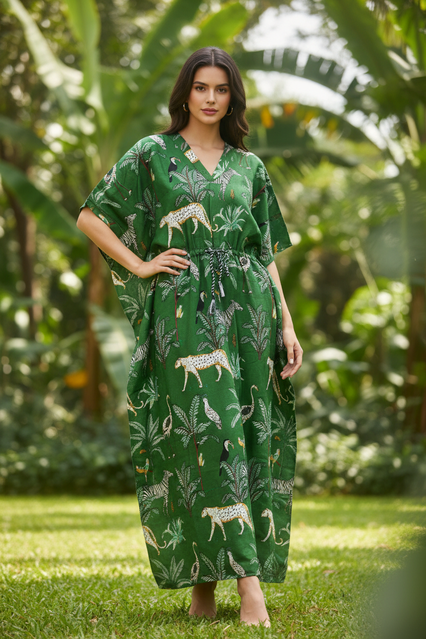 Kaftan verde animais selva manequim humano