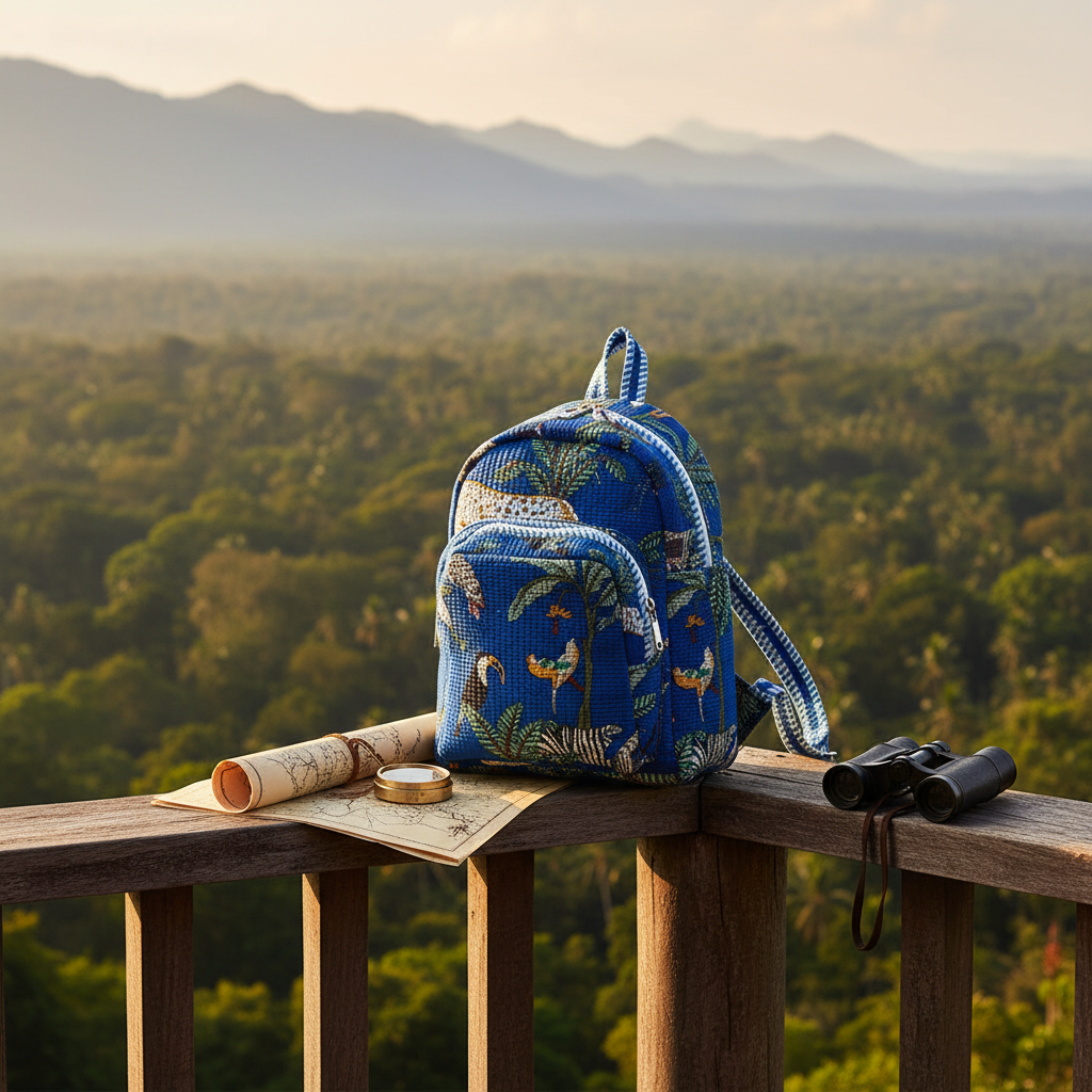 Mochila azul animais selva cenário aventura