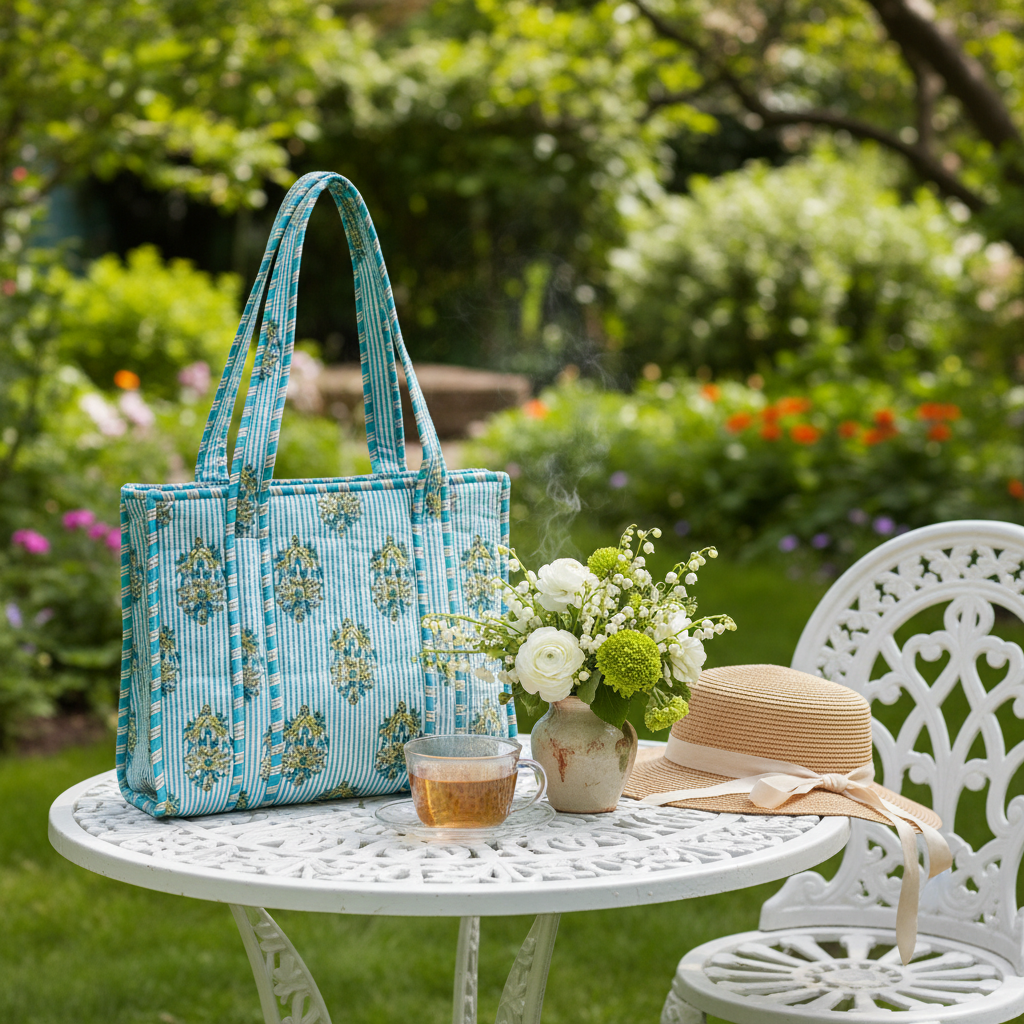 Tiffin Bag azul clara flores verdes cenário jardim primavera