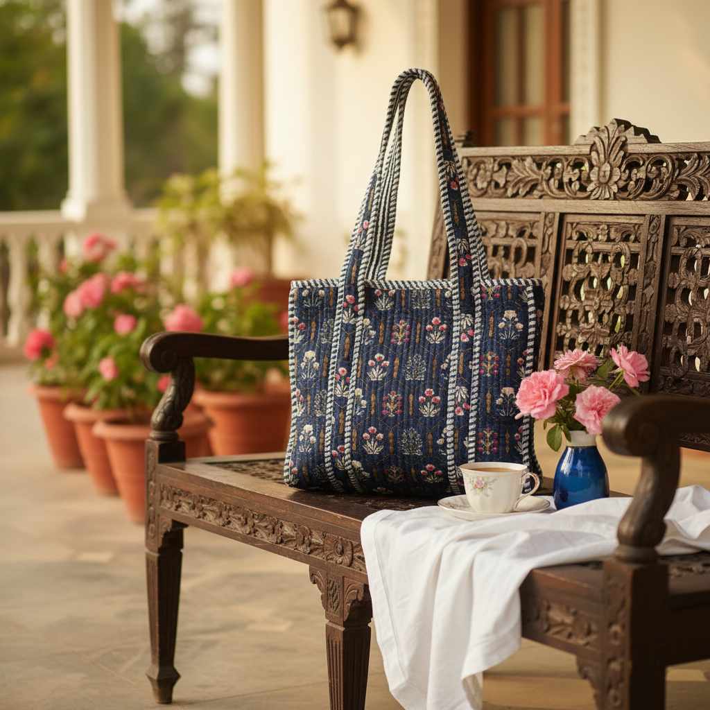 Tiffin Bag azul escura flores cenário varanda colonial