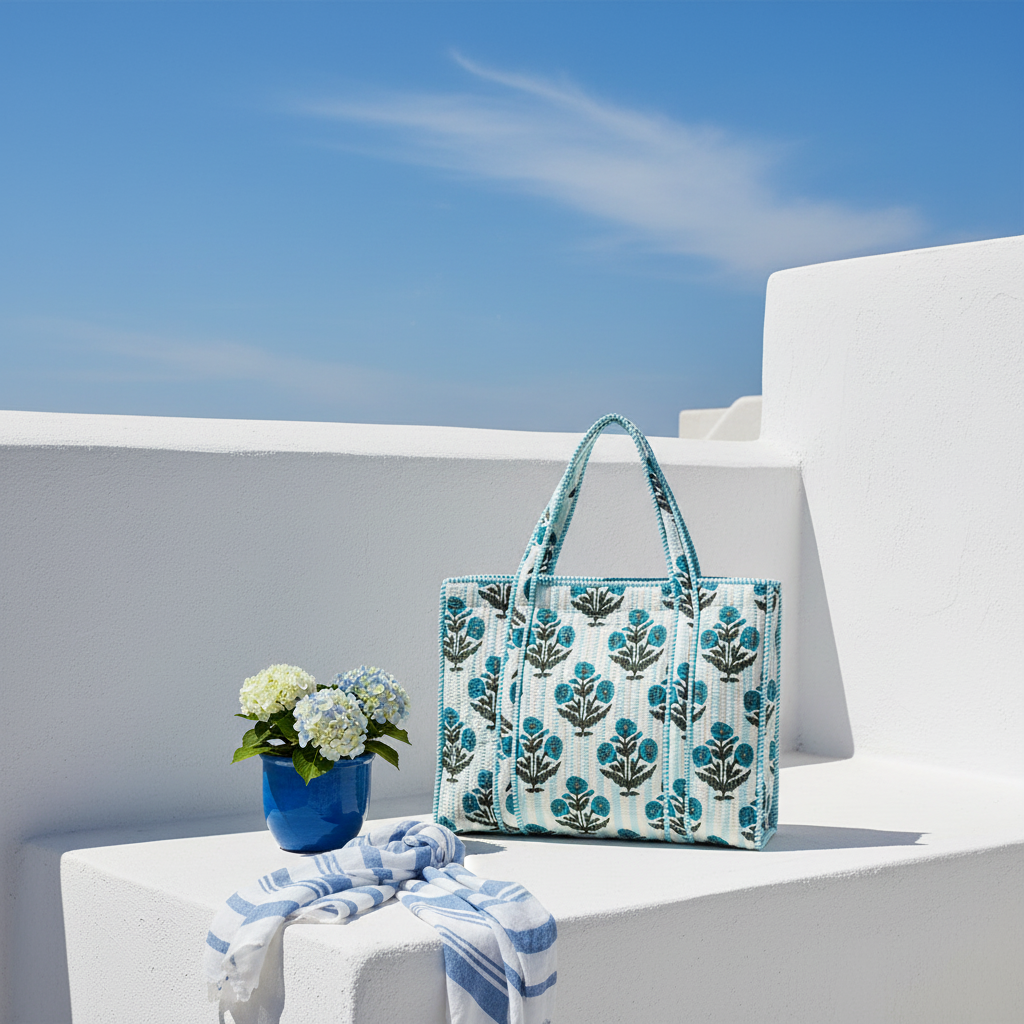 Tote Bag azul branca flores cenário Santorini
