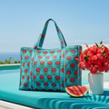 Tote Bag Azul Turquesa Flores Vermelhas — Pormenor