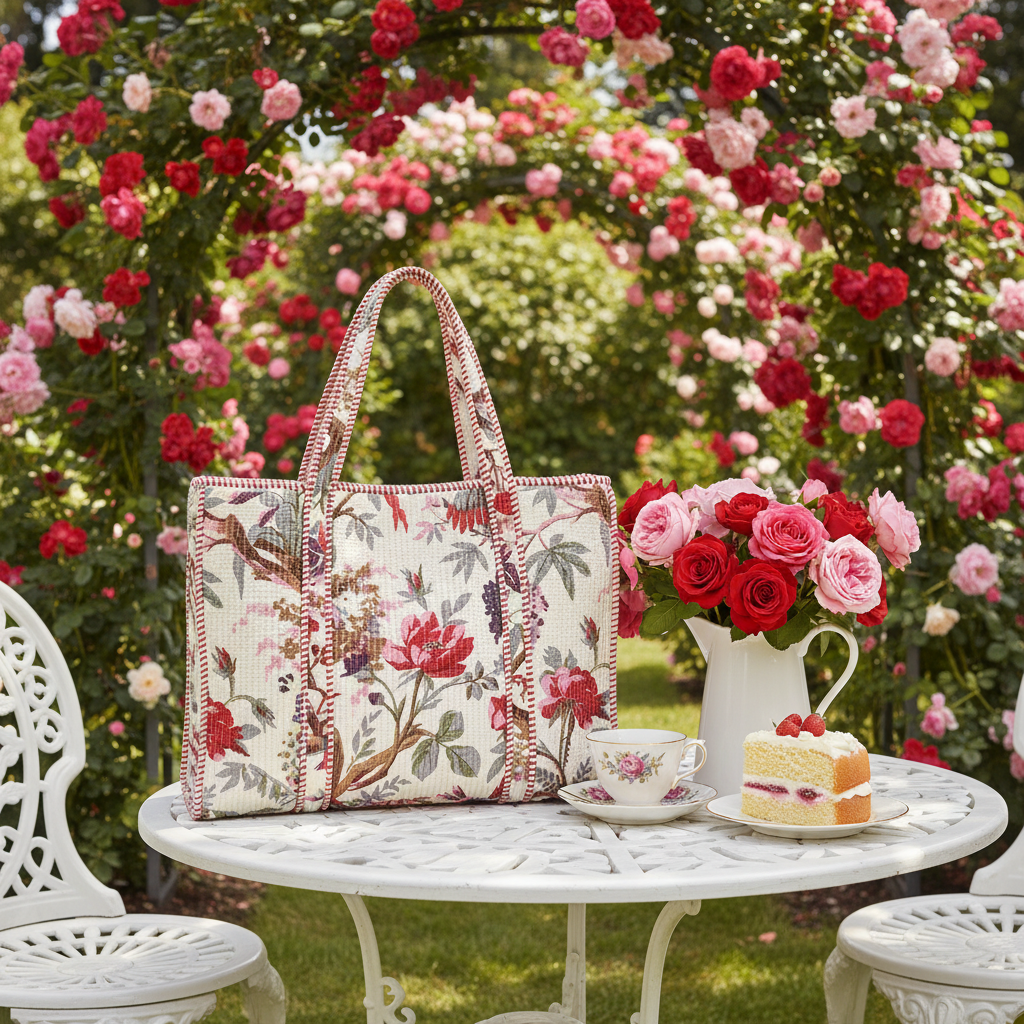 Tote Bag branca flores cenário garden party inglês