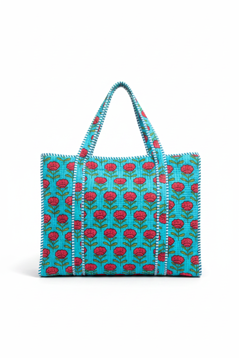 Tote Bag - Flores vermelhas em turquesa