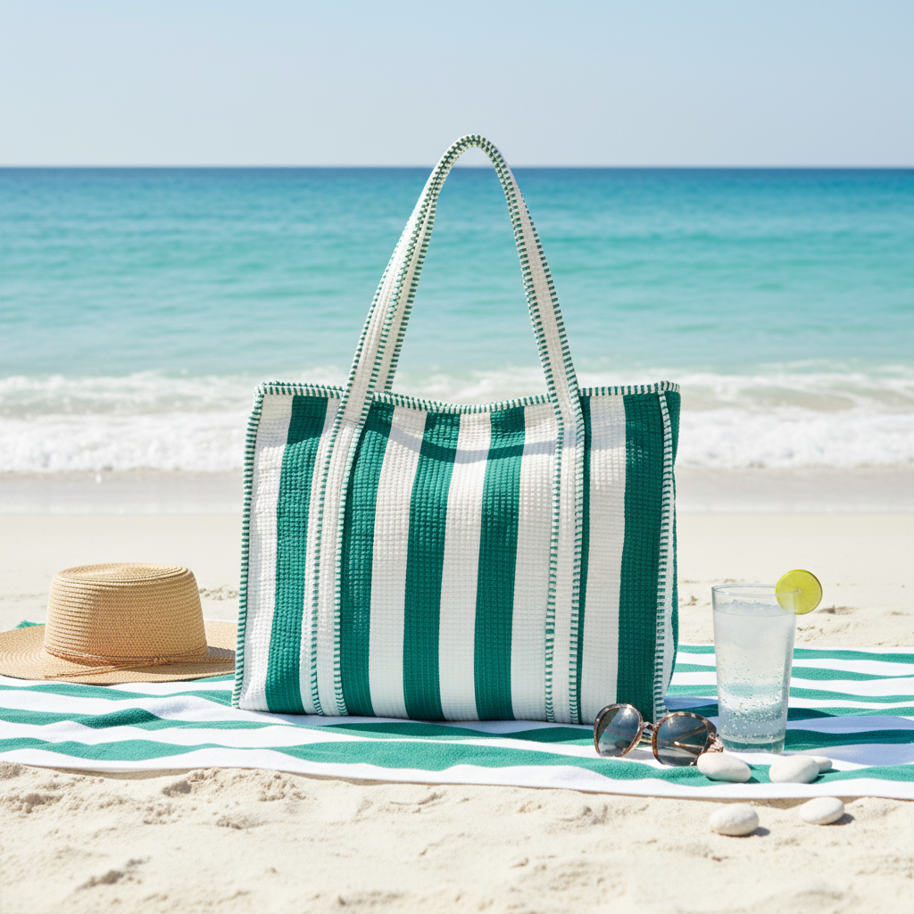 Tote Bag riscas verde branco cenário praia