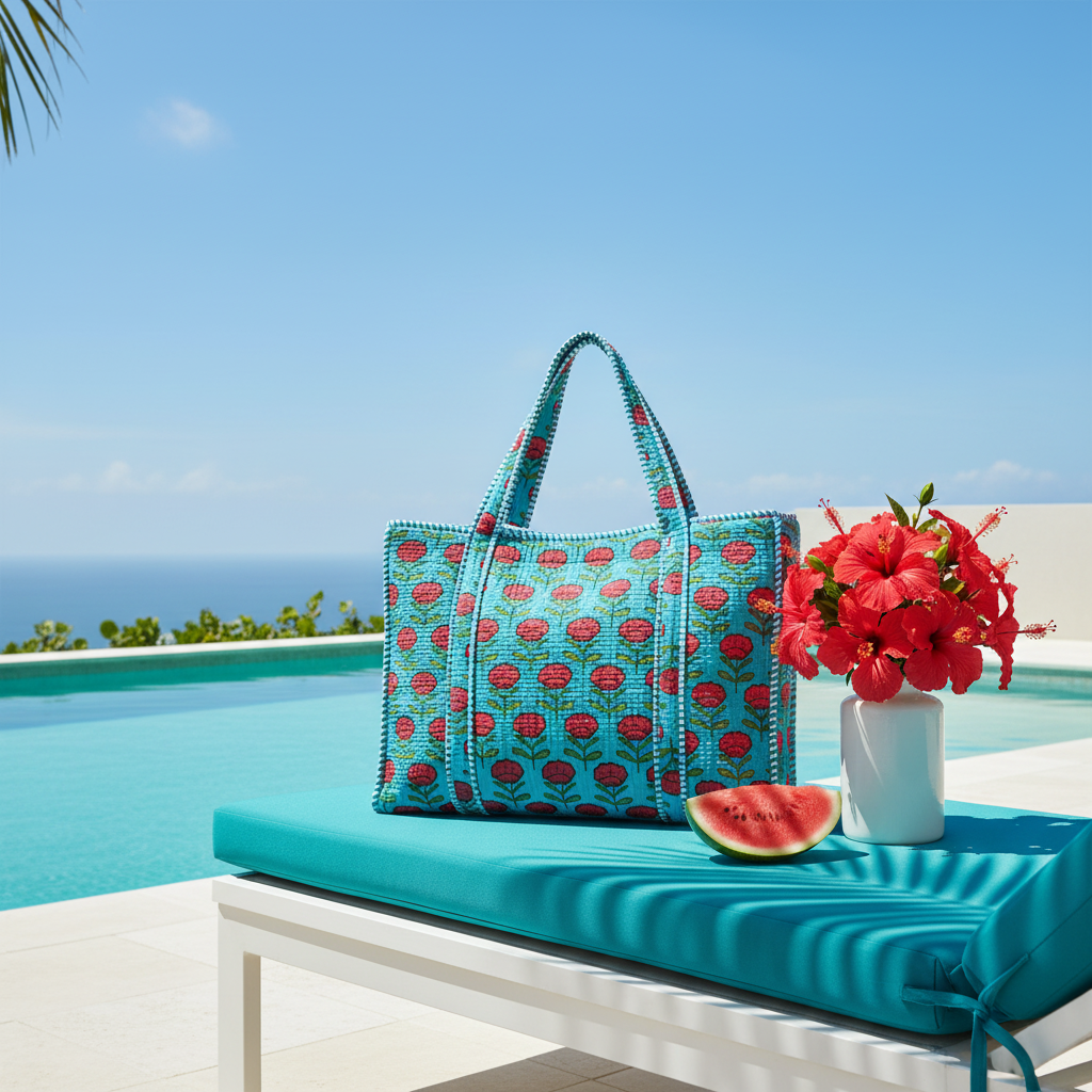 Tote Bag turquesa flores vermelhas cenário resort tropical